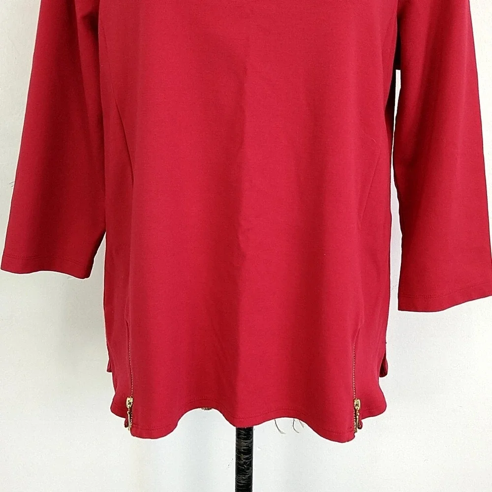 Chico's Boatneck Top Womens Size 1 Red 3/4 Sleeve Side Zip Ponte Knit Blouse